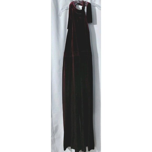 1 State Velvet Halter Jumpsuit Size 14 Burgundy Mock Neck Wide Leg Back Zipper - Picture 3 of 14